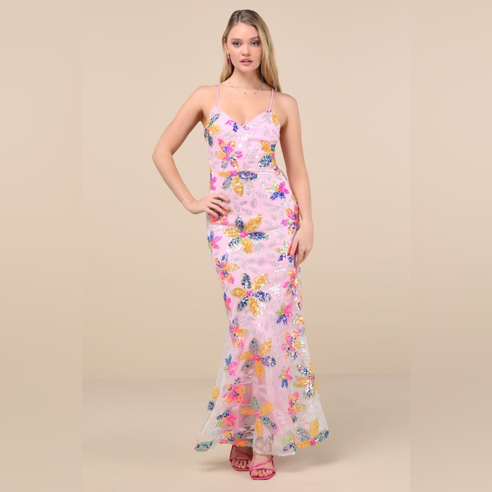 Lulu's Isleen Light Pink Sequin Lace-Up Mermaid Maxi Dress - size M